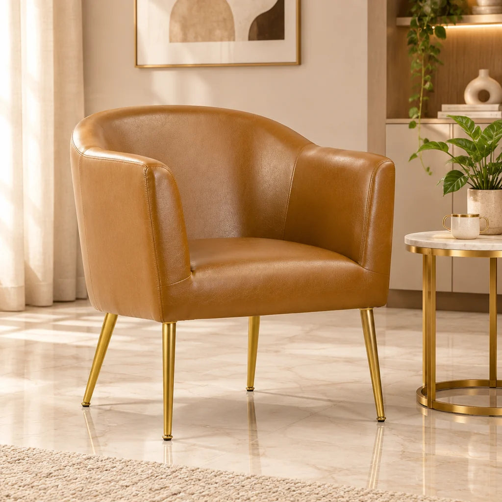Avi Cappuccino Faux Leather Accent Chair with Golden Legs