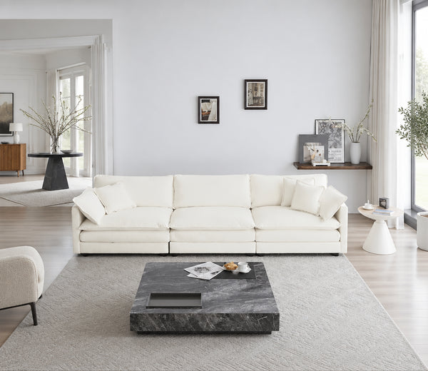 Mid-Century Modern Couch 3-Seater Sofa with 2 Armrest Pillows and 3 Toss Pillows, Couch for Living Room White Chenille