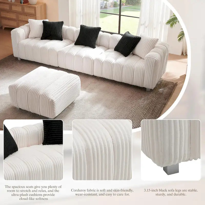 114.17 Corduroy 3-Seater Sofa with Ottoman, Solid Wood Frame and High-Density Foam Cushions