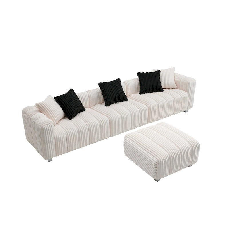 114.17 Corduroy 3-Seater Sofa with Ottoman, Solid Wood Frame and High-Density Foam Cushions