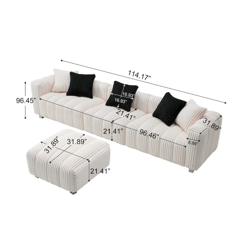114.17 Corduroy 3-Seater Sofa with Ottoman, Solid Wood Frame and High-Density Foam Cushions