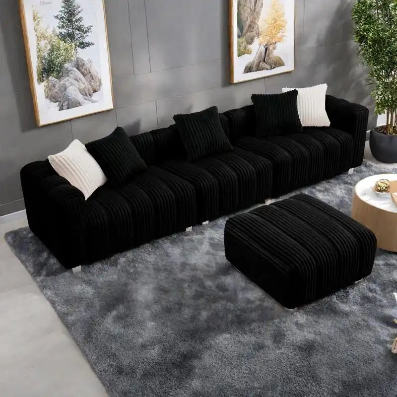 114.17 Corduroy 3-Seater Sofa with Ottoman, Solid Wood Frame and High-Density Foam Cushions