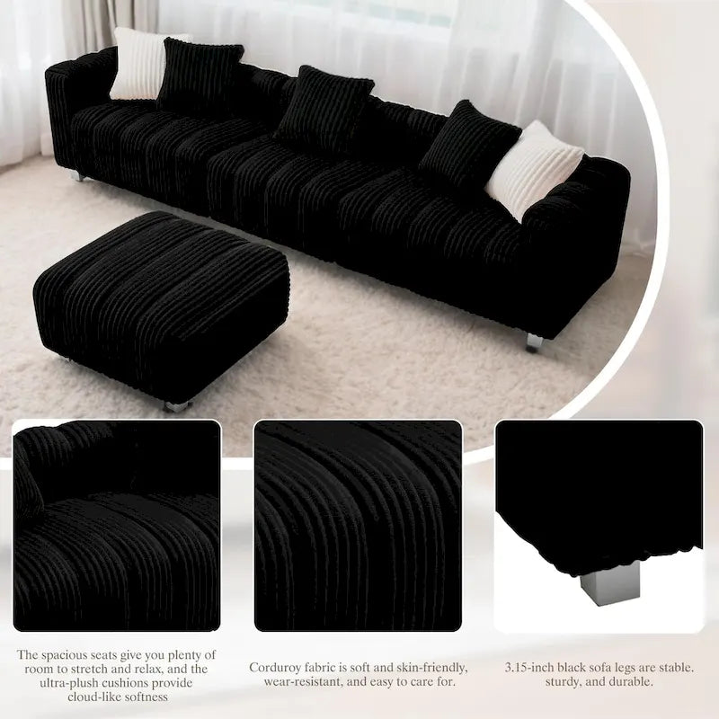 114.17 Corduroy 3-Seater Sofa with Ottoman, Solid Wood Frame and High-Density Foam Cushions