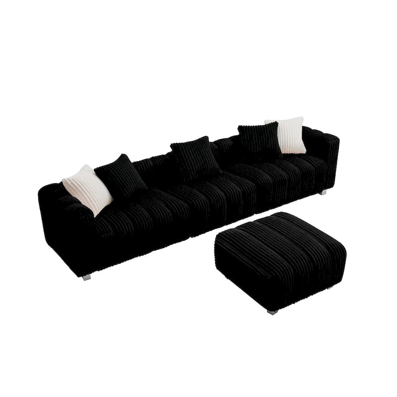 114.17 Corduroy 3-Seater Sofa with Ottoman, Solid Wood Frame and High-Density Foam Cushions
