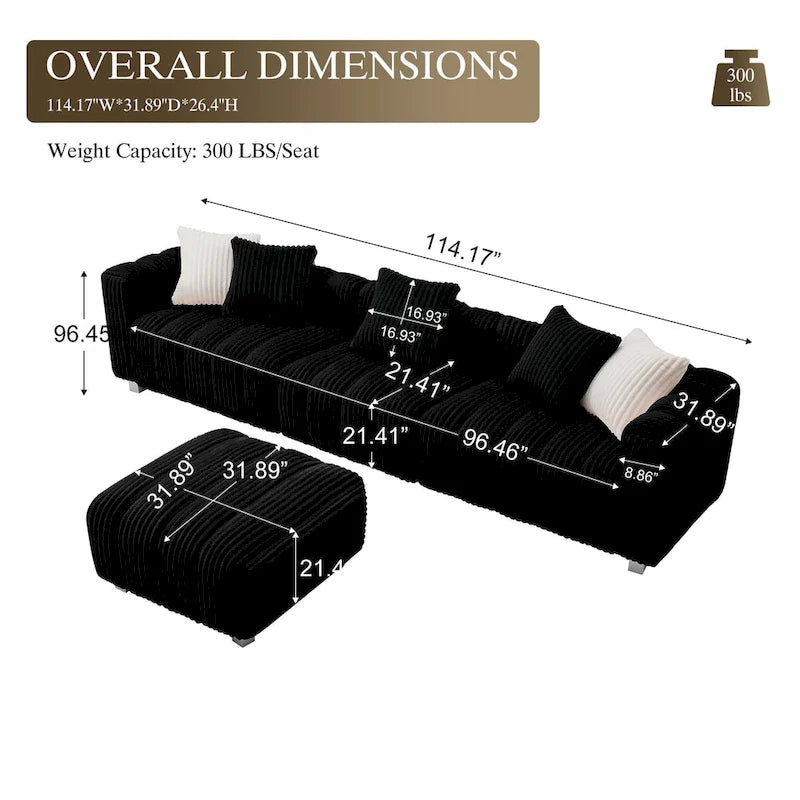114.17 Corduroy 3-Seater Sofa with Ottoman, Solid Wood Frame and High-Density Foam Cushions
