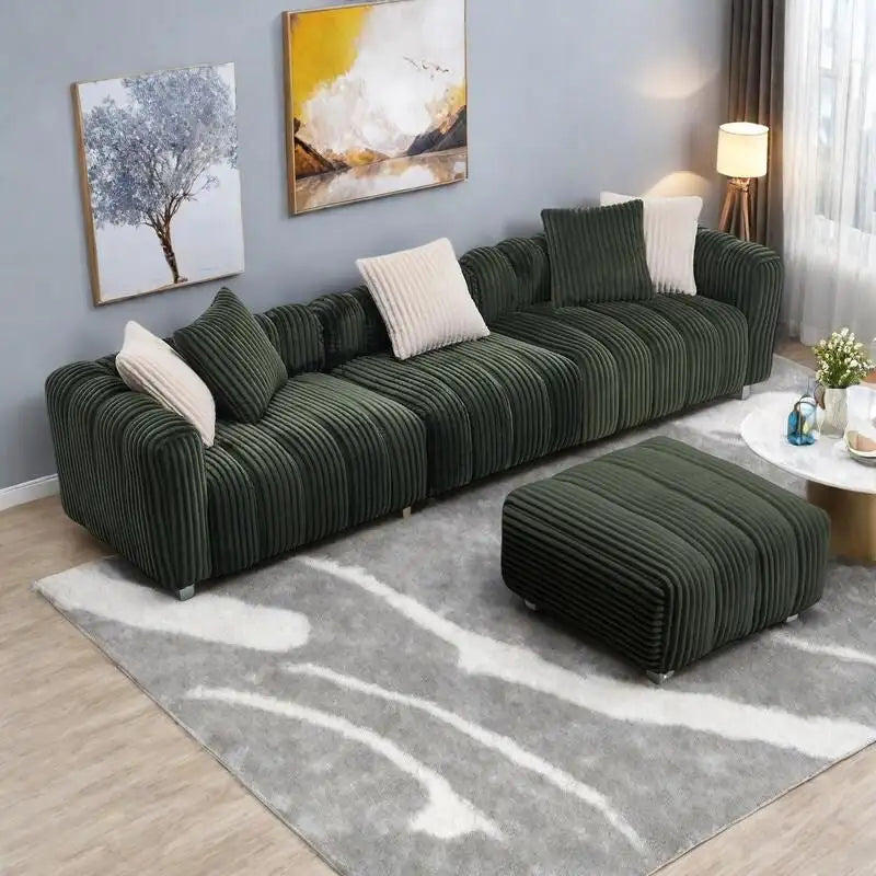 114.17 Corduroy 3-Seater Sofa with Ottoman, Solid Wood Frame and High-Density Foam Cushions