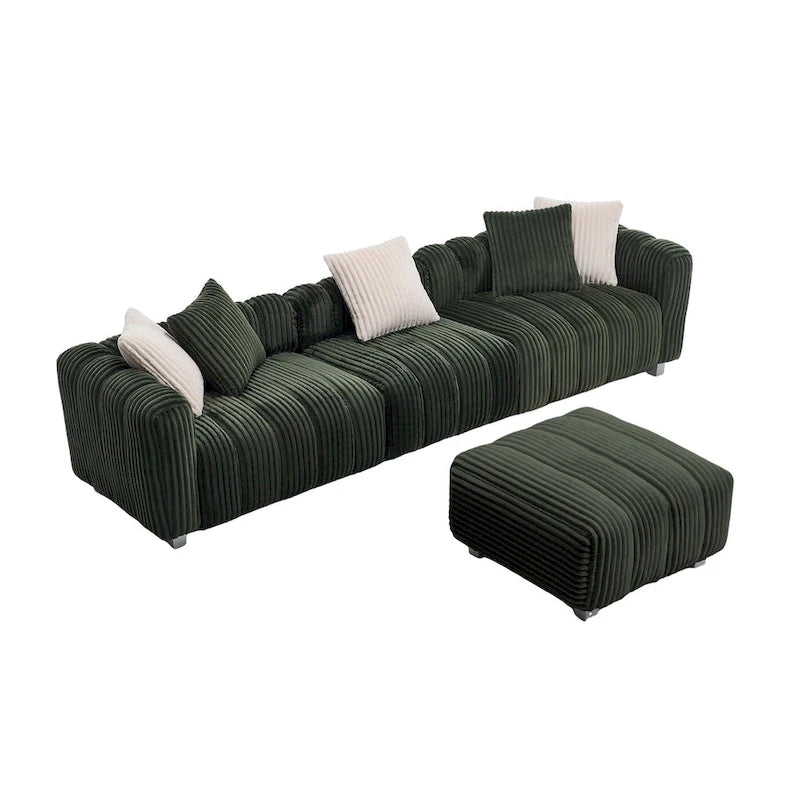 114.17 Corduroy 3-Seater Sofa with Ottoman, Solid Wood Frame and High-Density Foam Cushions