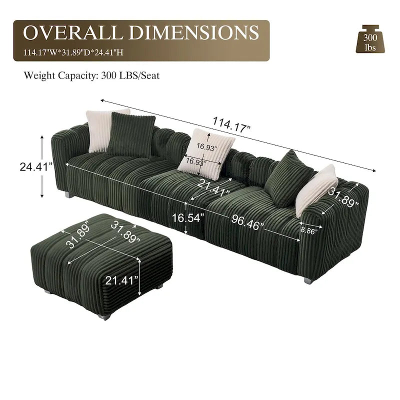 114.17 Corduroy 3-Seater Sofa with Ottoman, Solid Wood Frame and High-Density Foam Cushions