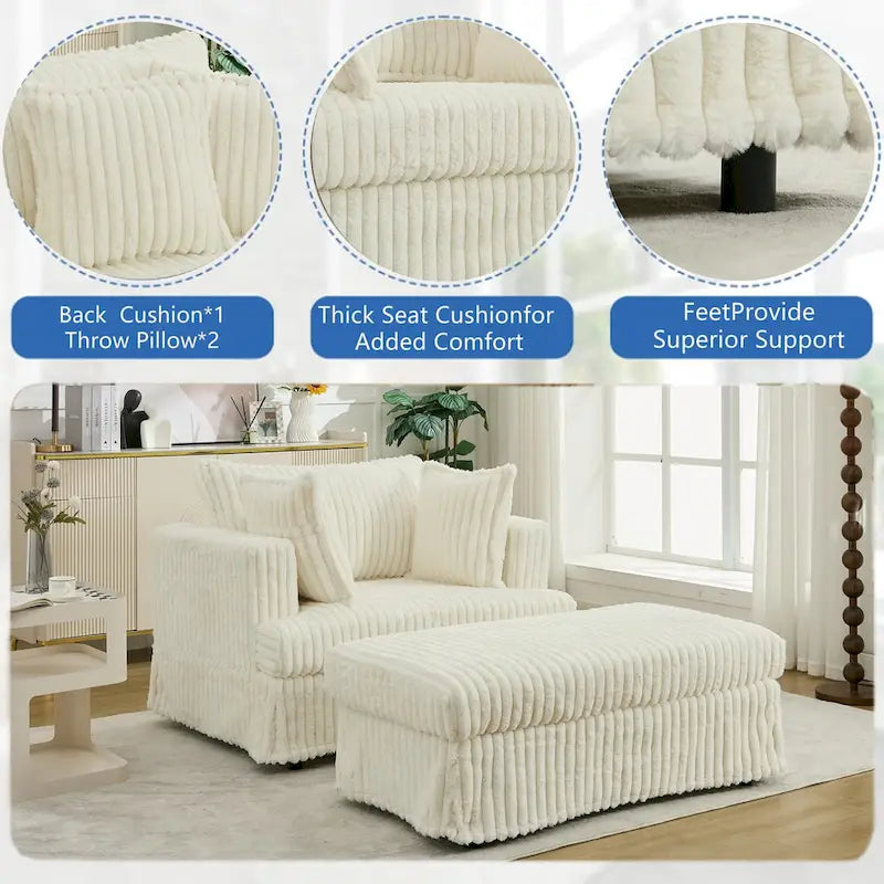 Modern 47.8 Upholstered Oversized Chaise Longue Chair with Ottoman and Pillows