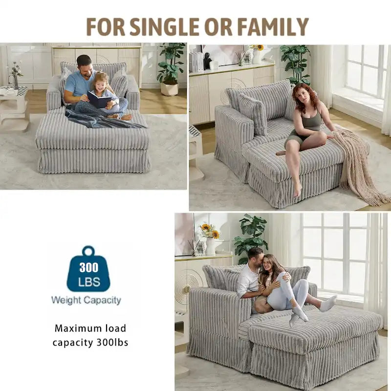 Modern 47.8 Upholstered Oversized Chaise Longue Chair with Ottoman and Pillows