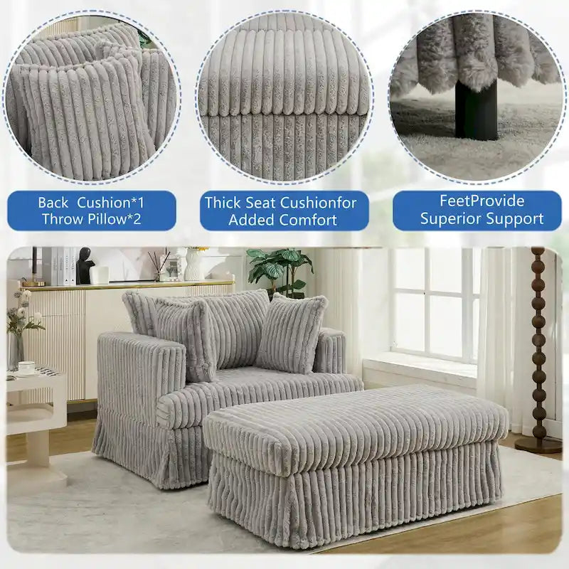 Modern 47.8 Upholstered Oversized Chaise Longue Chair with Ottoman and Pillows