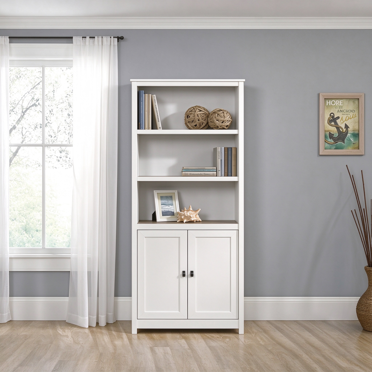 Floor-to-Ceiling Library Cabinet with Adjustable Shelves and Glass Doors