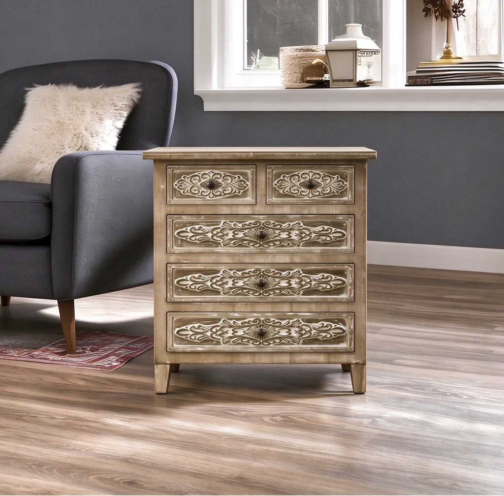 Hand-Carved Accent Cabinet with 5 Drawers