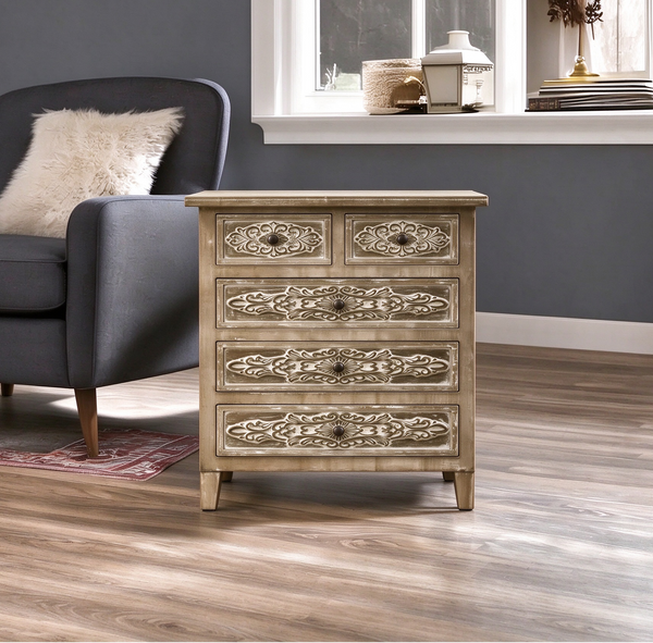 Hand-Carved Accent Cabinet with 5 Drawers