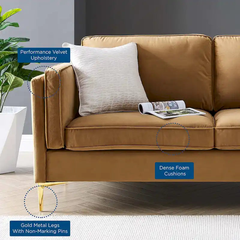 Performance Velvet 3-Seater Sofa with Deep Cushions and Solid Frame
