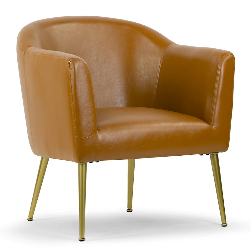 Poltrona decorativa in finta pelle color cappuccino con gambe dorate