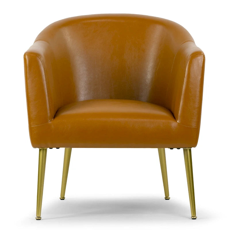 Poltrona decorativa in finta pelle color cappuccino con gambe dorate