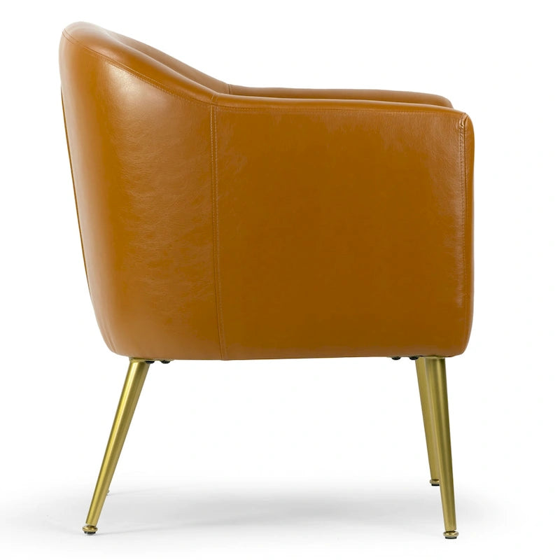 Poltrona decorativa in finta pelle color cappuccino con gambe dorate