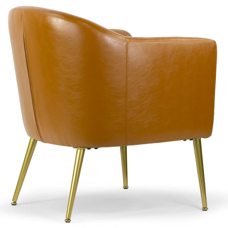 Poltrona decorativa in finta pelle color cappuccino con gambe dorate