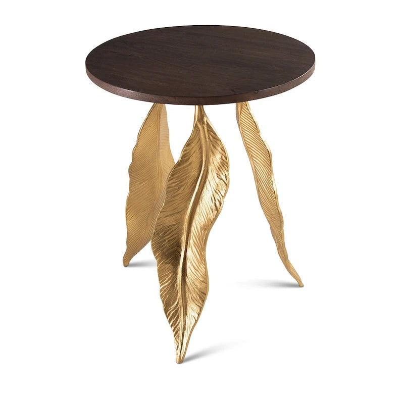 Valetta Accent Table – Solid Mango Wood Top with Gold Leaf Iron Base