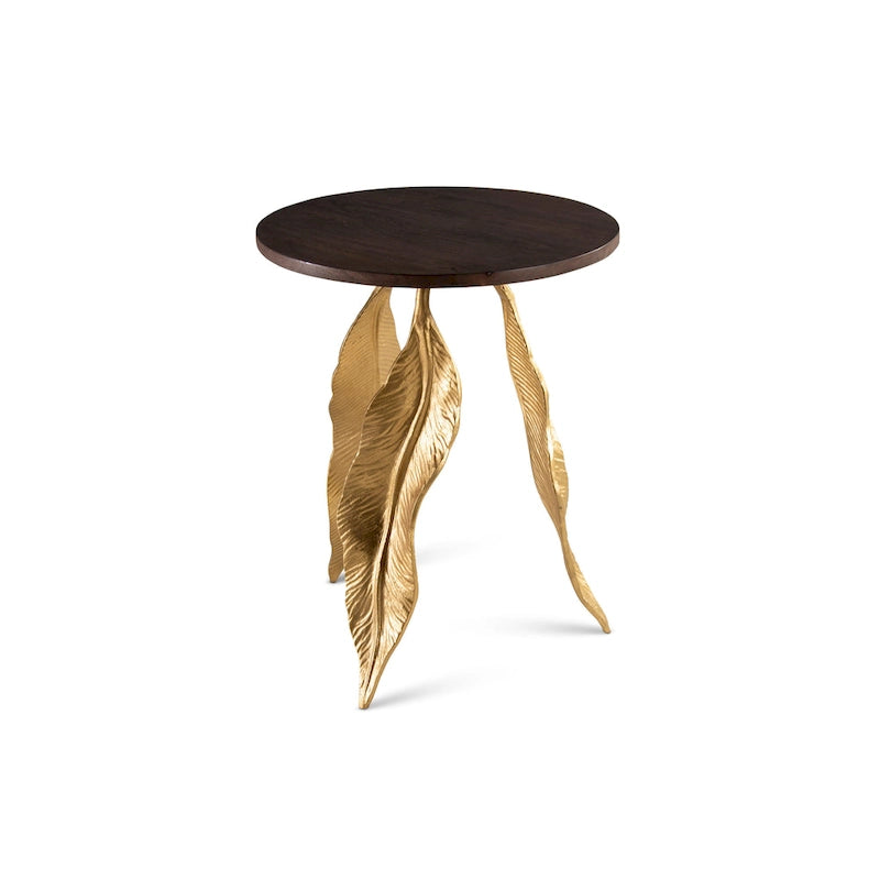 Valetta Accent Table – Solid Mango Wood Top with Gold Leaf Iron Base