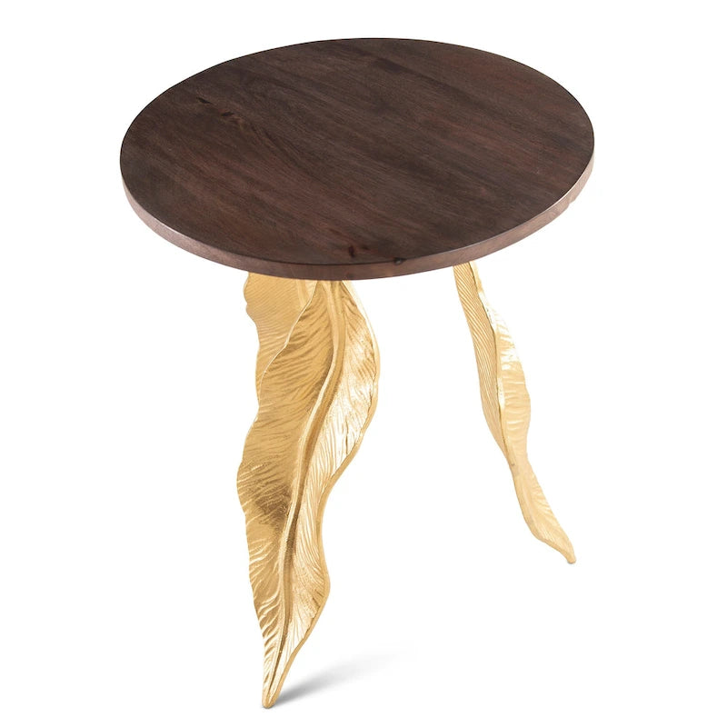 Valetta Accent Table – Solid Mango Wood Top with Gold Leaf Iron Base