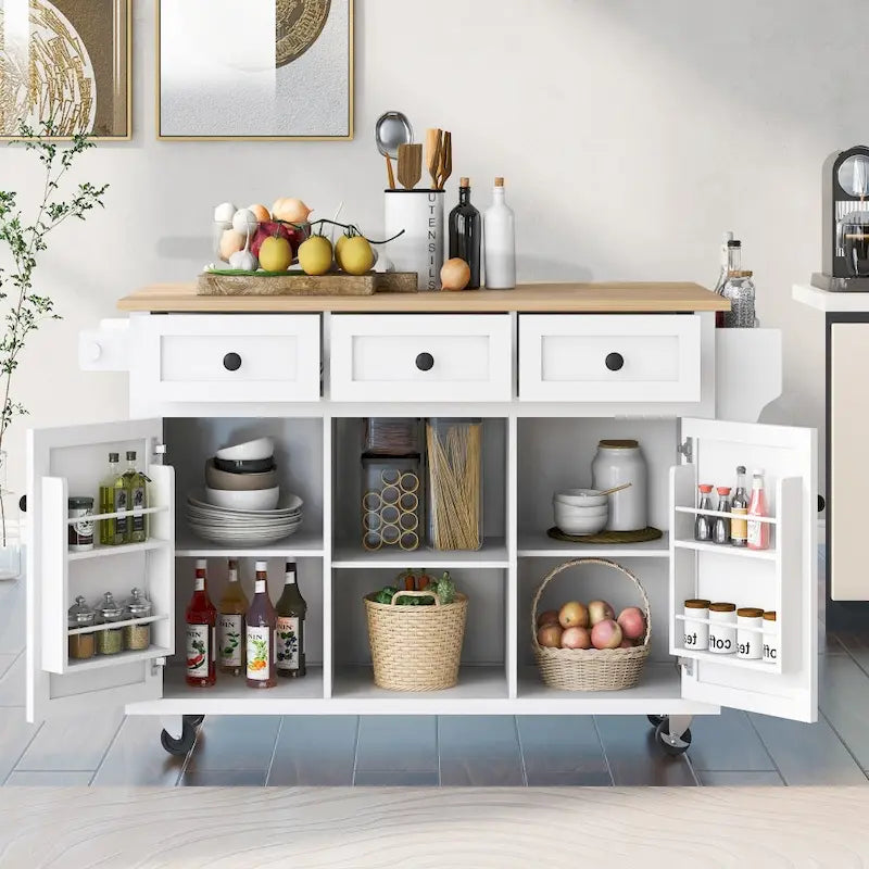 Kücheninsel auf 5 Rollen mit Stauraumschrank und 3 Schubladen