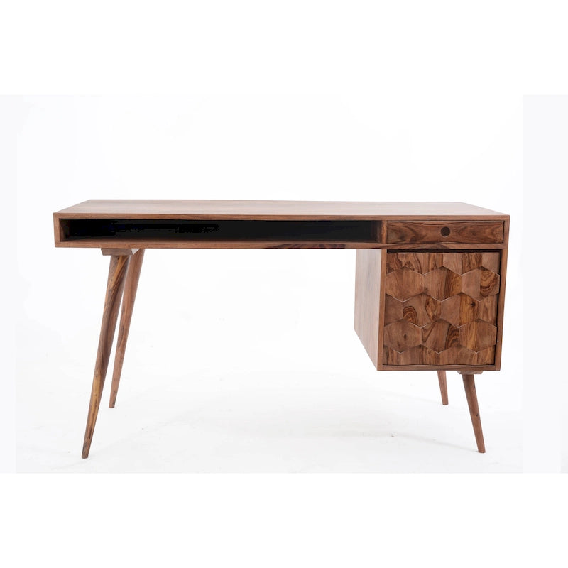 Mid-Century Modern Computer Desk with 2 Drawers & Open Shelf - Solid Sheesham Wood, 53.5" W