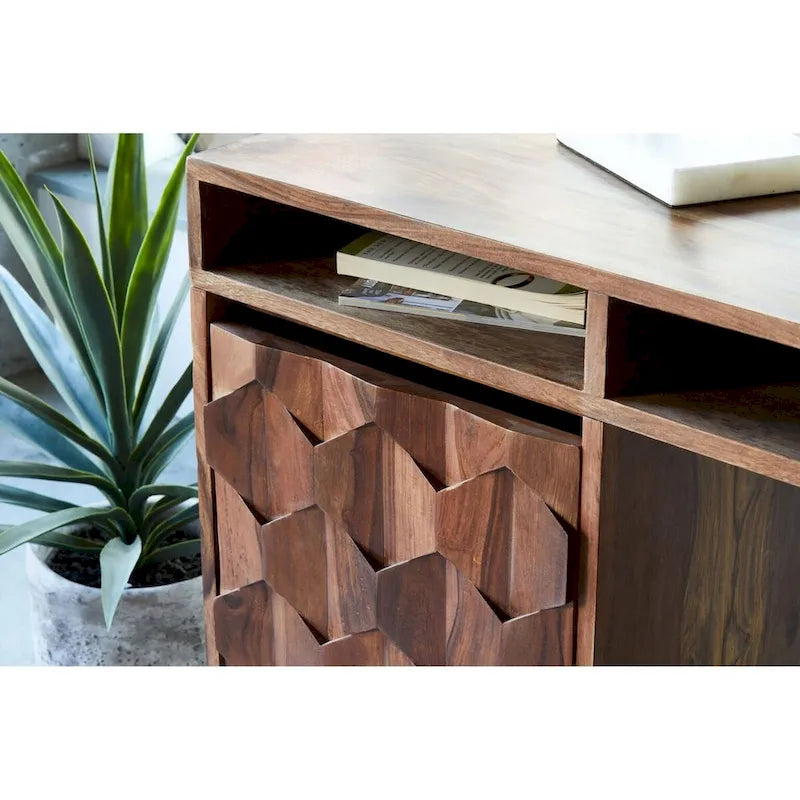 Mid-Century Modern Computer Desk with 2 Drawers & Open Shelf - Solid Sheesham Wood, 53.5" W