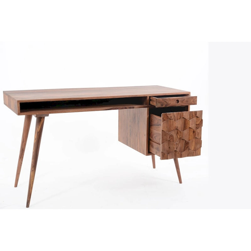 Mid-Century Modern Computer Desk with 2 Drawers & Open Shelf - Solid Sheesham Wood, 53.5" W