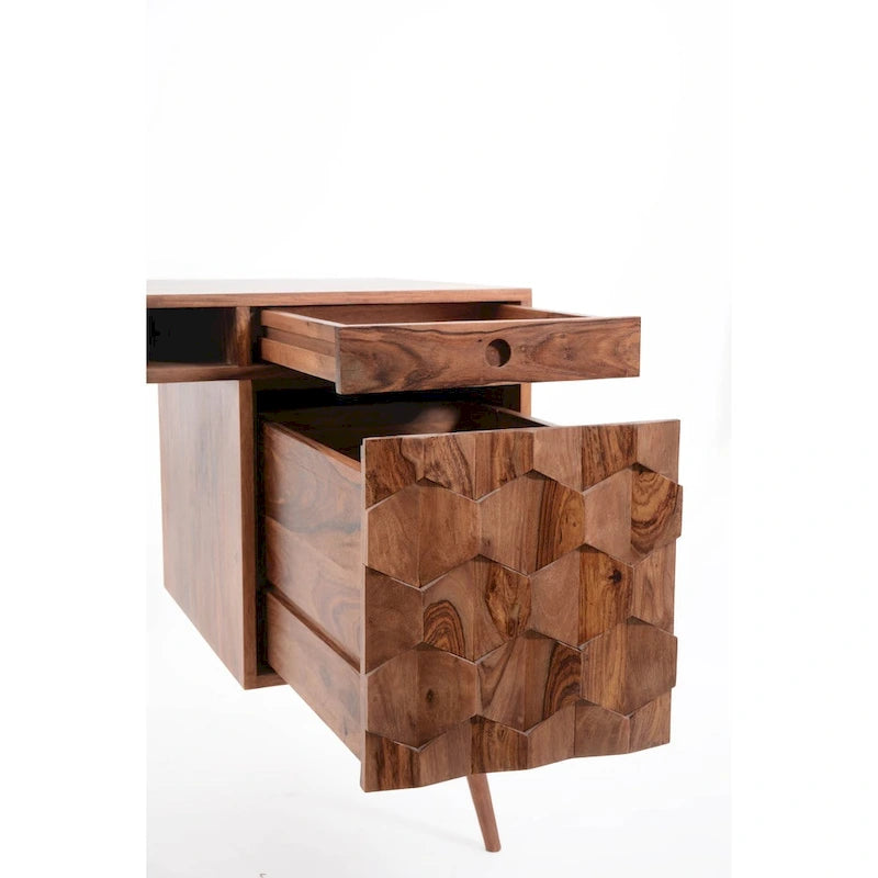 Mid-Century Modern Computer Desk with 2 Drawers & Open Shelf - Solid Sheesham Wood, 53.5" W