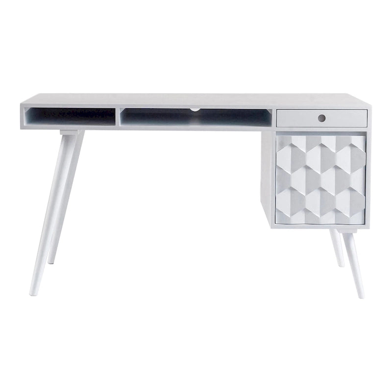 Mid-Century Modern Computer Desk with 2 Drawers & Open Shelf - Solid Sheesham Wood, 53.5" W