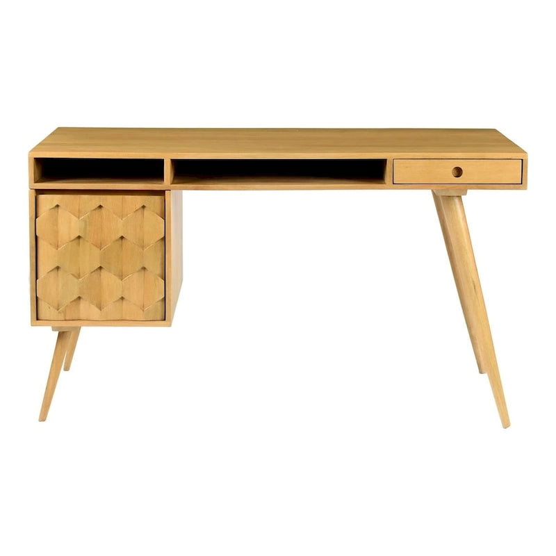Mid-Century Modern Computer Desk with 2 Drawers & Open Shelf - Solid Sheesham Wood, 53.5" W