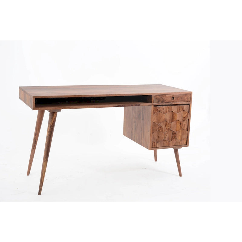 Mid-Century Modern Computer Desk with 2 Drawers & Open Shelf - Solid Sheesham Wood, 53.5" W
