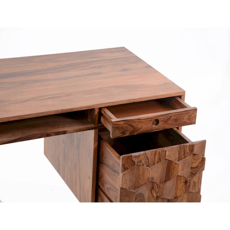 Mid-Century Modern Computer Desk with 2 Drawers & Open Shelf - Solid Sheesham Wood, 53.5" W