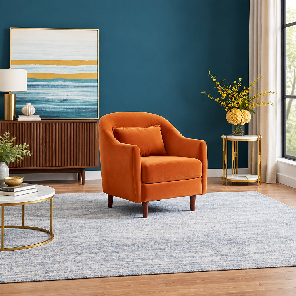 VANOMi 28.34 Accent Armchair, Velvet Barrel Chair with Solid Wood Legs