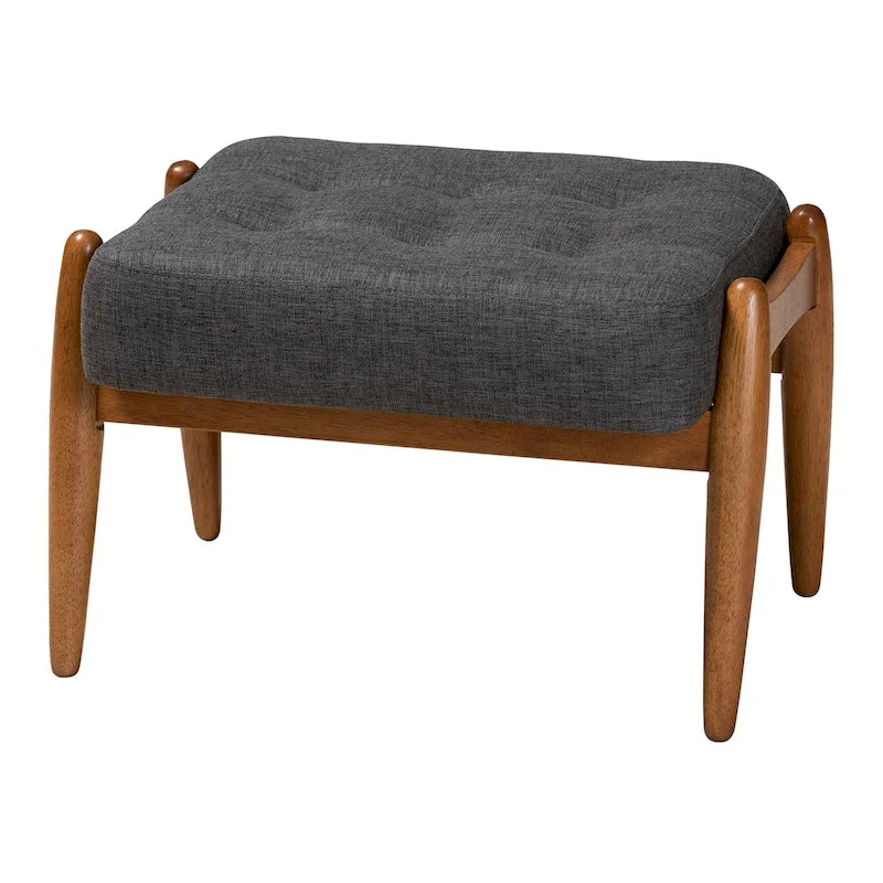 Dark Grey Fabric and Walnut Brown Finished Wood Ottoman Footstool