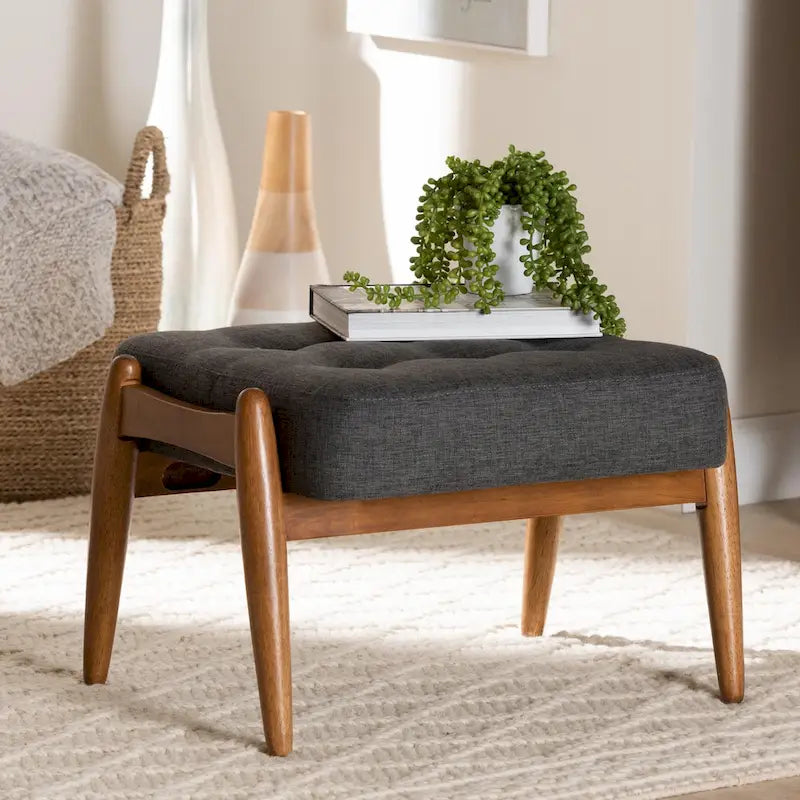 Dark Grey Fabric and Walnut Brown Finished Wood Ottoman Footstool