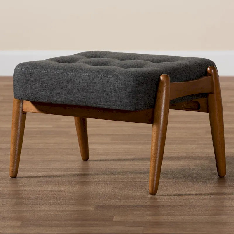 Dark Grey Fabric and Walnut Brown Finished Wood Ottoman Footstool