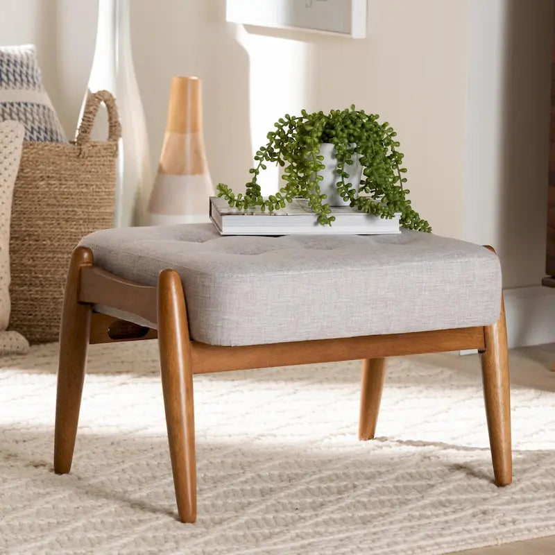 Dark Grey Fabric and Walnut Brown Finished Wood Ottoman Footstool