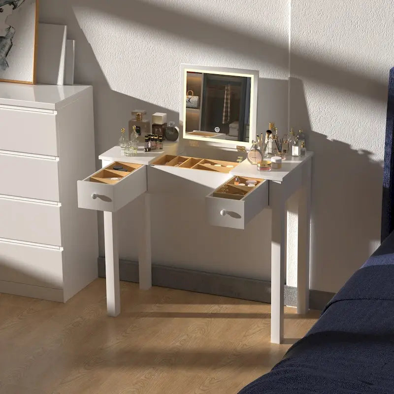 Sleek Vanity Table with LED Lights, Flip-Top Mirror and 2 Drawers, Jewelry Storage for Women Dressing