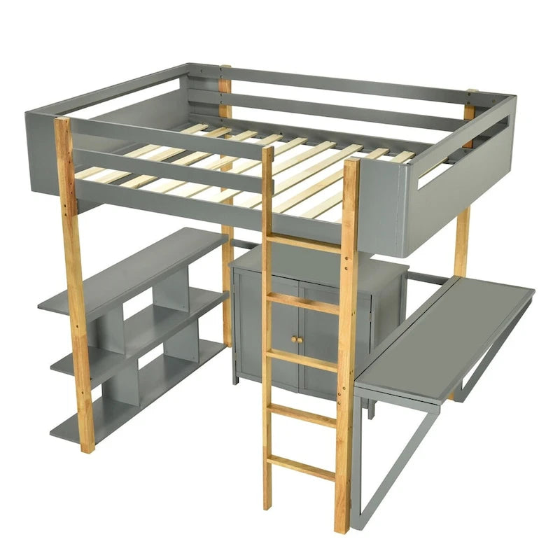 Wood Loft Bed With Built-in Storage Cabinet and Shelves, Foldable desk