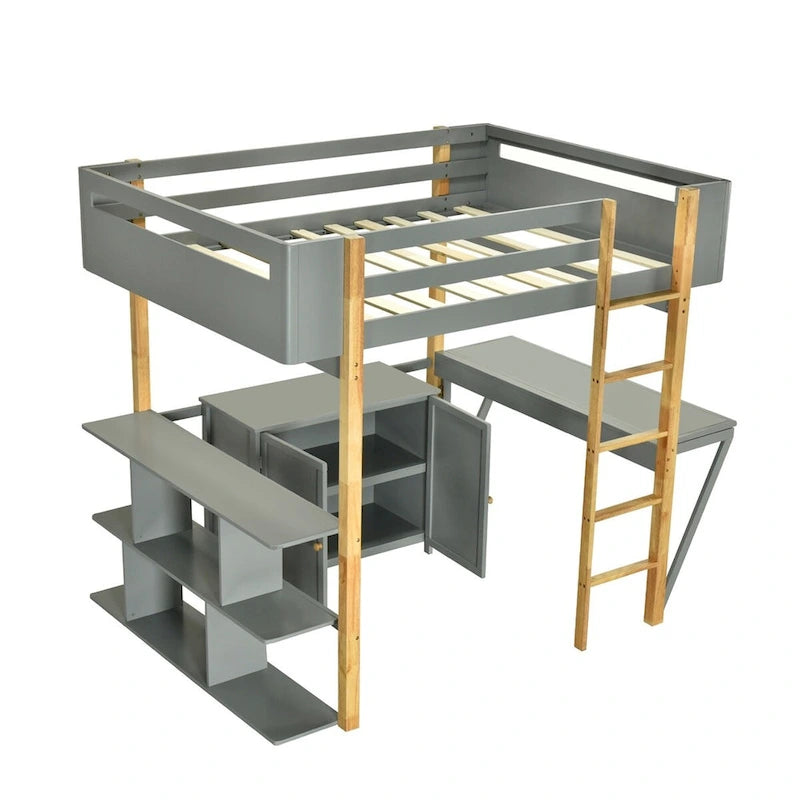 Hochbett aus Holz mit integriertem Aufbewahrungsschrank und Regalen, klappbarer Schreibtisch