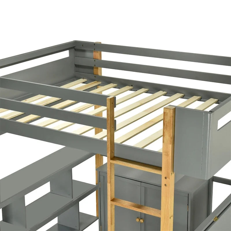 Wood Loft Bed With Built-in Storage Cabinet and Shelves, Foldable desk