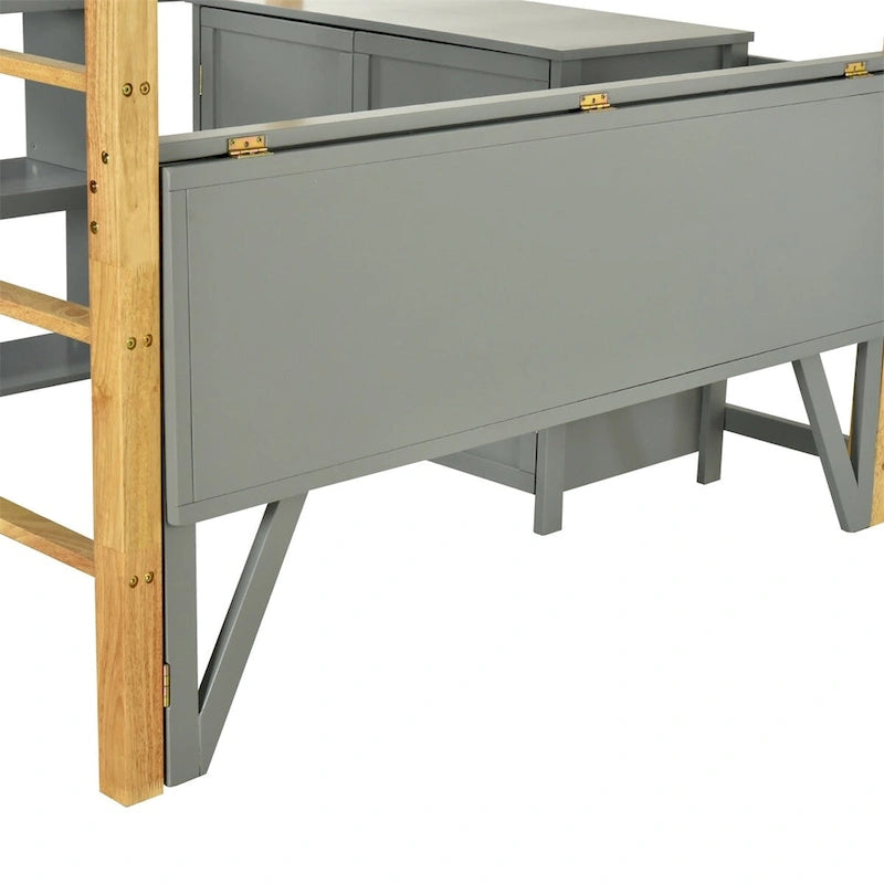Hochbett aus Holz mit integriertem Aufbewahrungsschrank und Regalen, klappbarer Schreibtisch