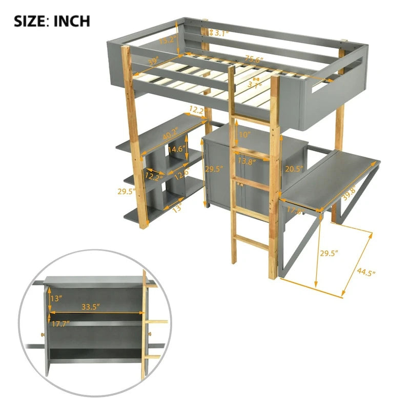 Hochbett aus Holz mit integriertem Aufbewahrungsschrank und Regalen, klappbarer Schreibtisch
