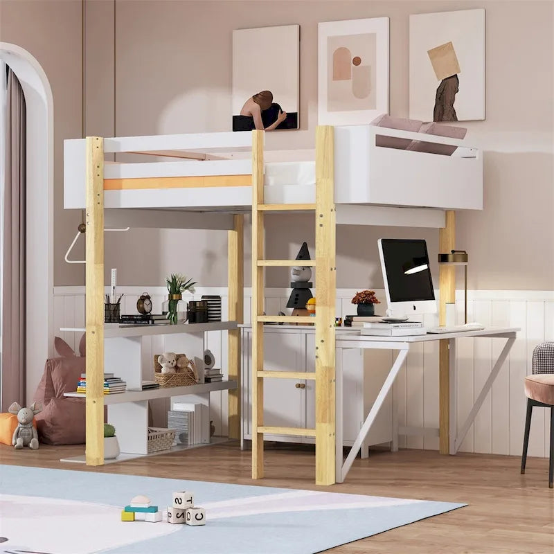 Hochbett aus Holz mit integriertem Aufbewahrungsschrank und Regalen, klappbarer Schreibtisch