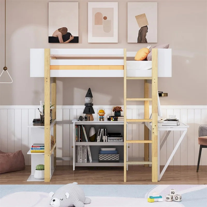 Hochbett aus Holz mit integriertem Aufbewahrungsschrank und Regalen, klappbarer Schreibtisch