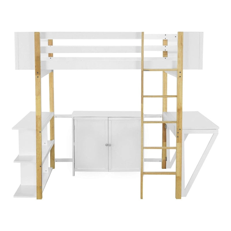 Hochbett aus Holz mit integriertem Aufbewahrungsschrank und Regalen, klappbarer Schreibtisch