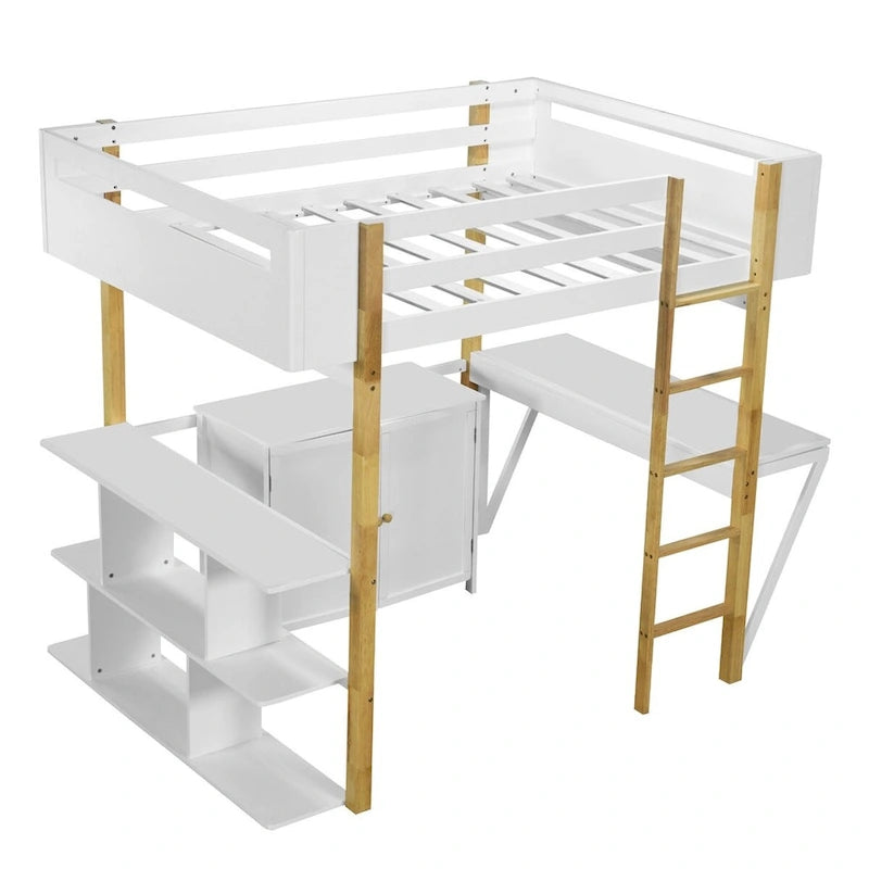 Hochbett aus Holz mit integriertem Aufbewahrungsschrank und Regalen, klappbarer Schreibtisch